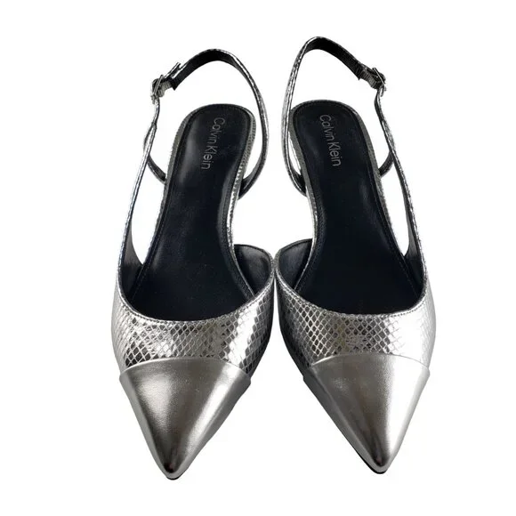 Calvin Klein Slingback Silver 2” Heels 9 Pointy Toe Worn Once Like New Condition - Picture 1 of 10